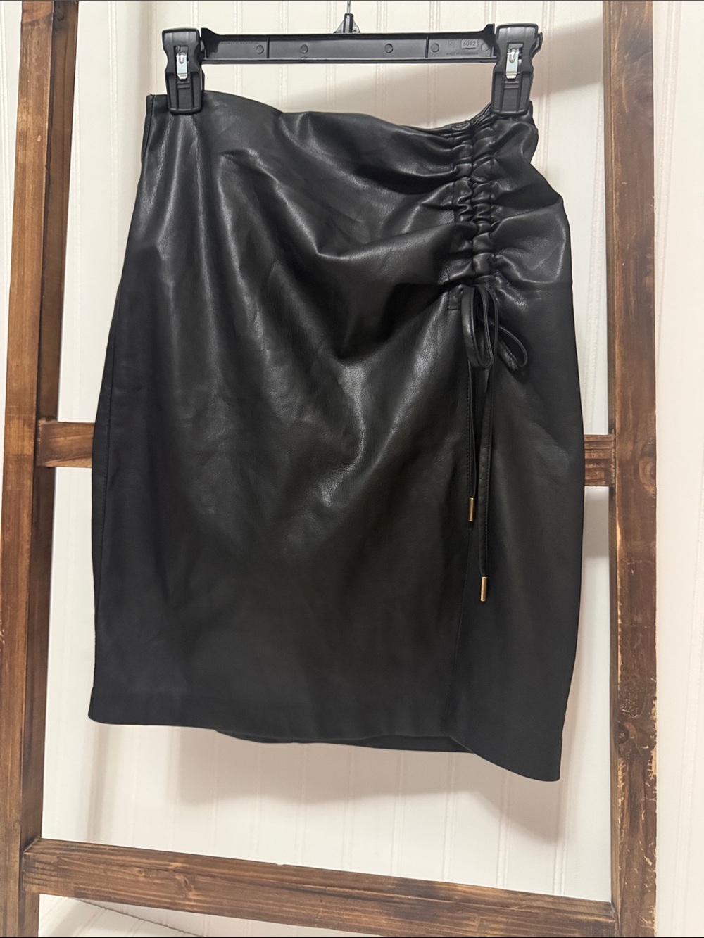 House of Harlow 1960 Black Vegan Leather Ruched Pencil Skirt with Side Tie